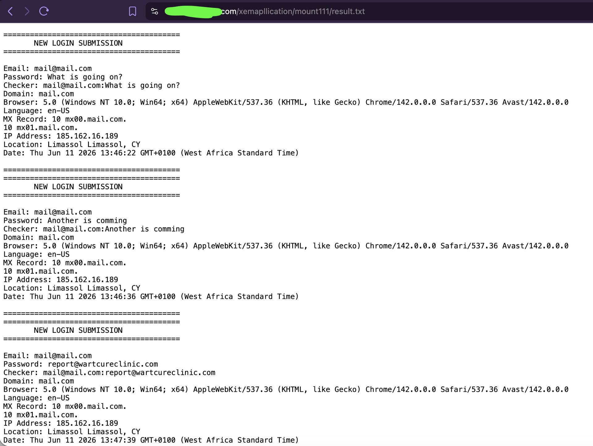 Inside the attacker's collected-data store showing the operator's own test entries