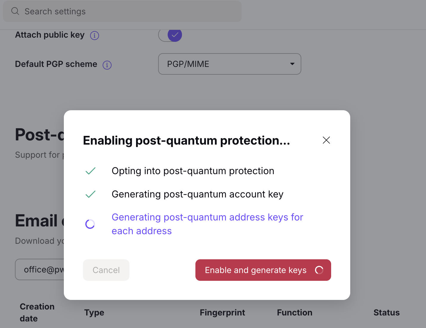 Process of generating PQ Keys in ProtonMail Settings
