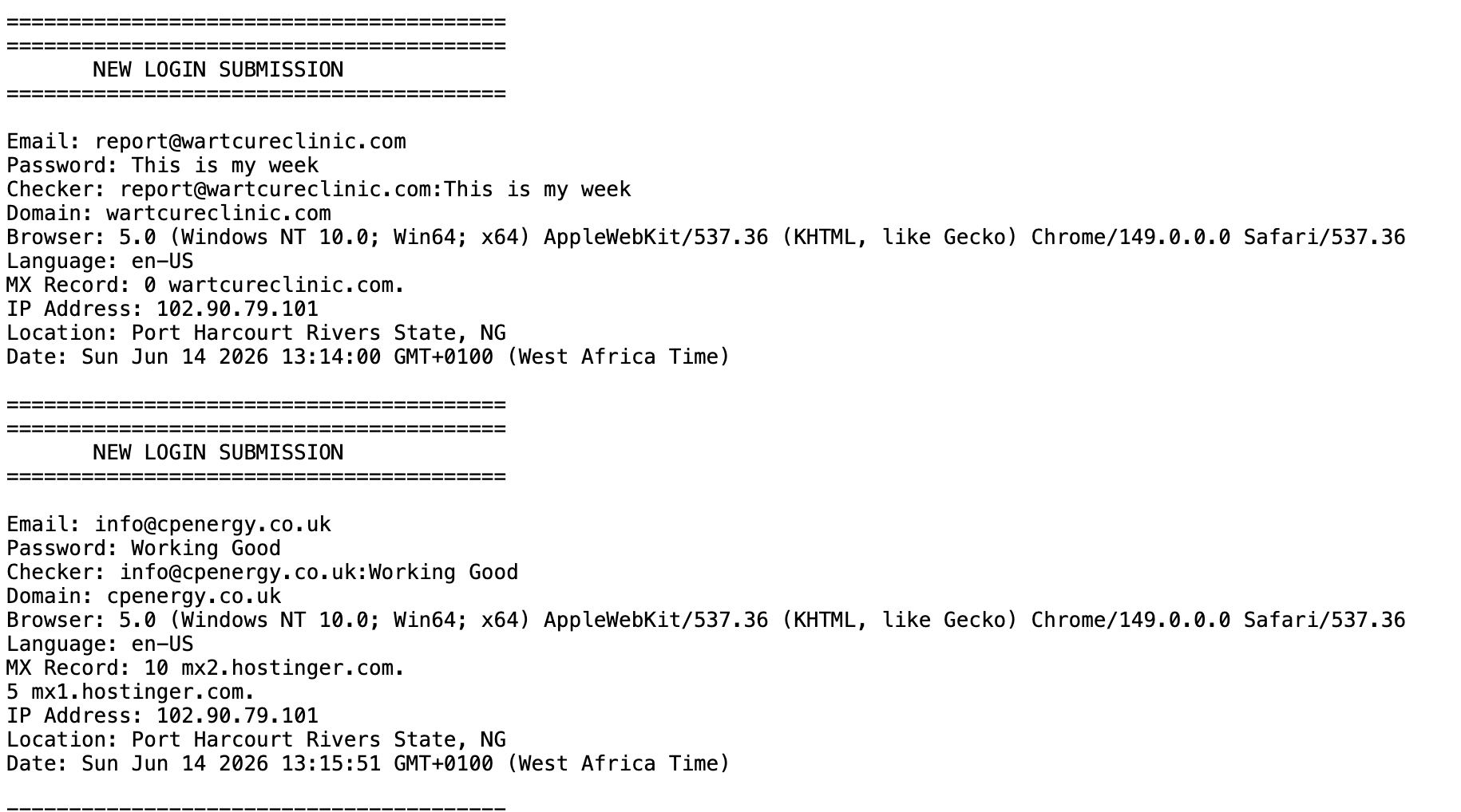 Log entry showing a Cyprus IP address paired with a West Africa time zone