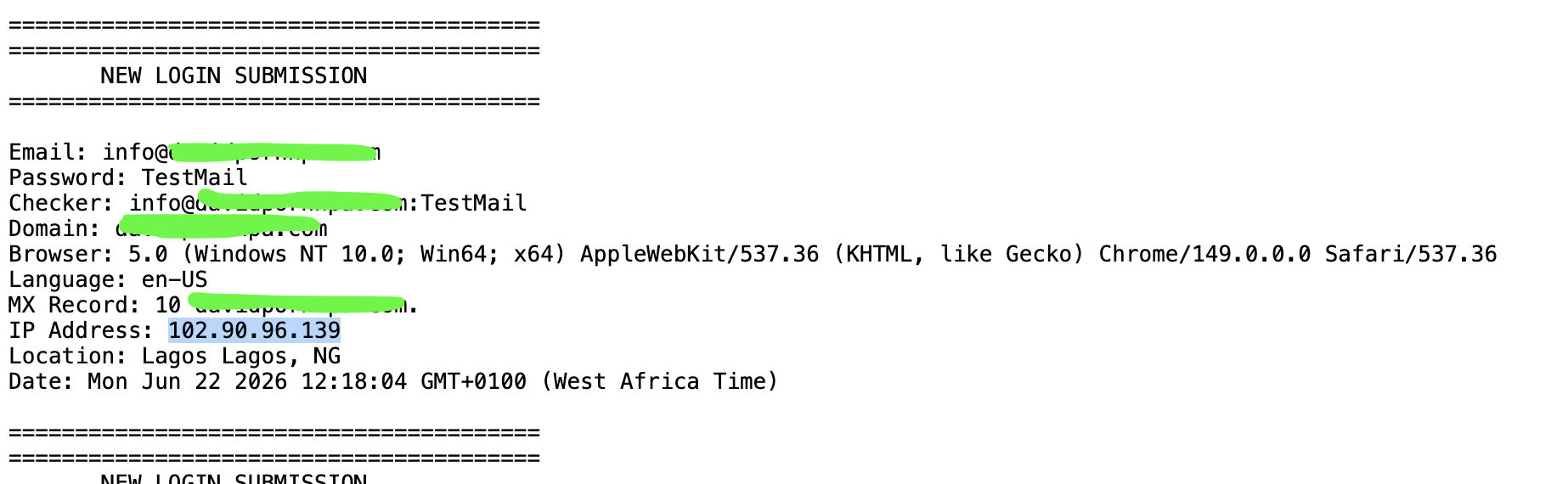 Log entry revealing a recurring IP address from Lagos, Nigeria